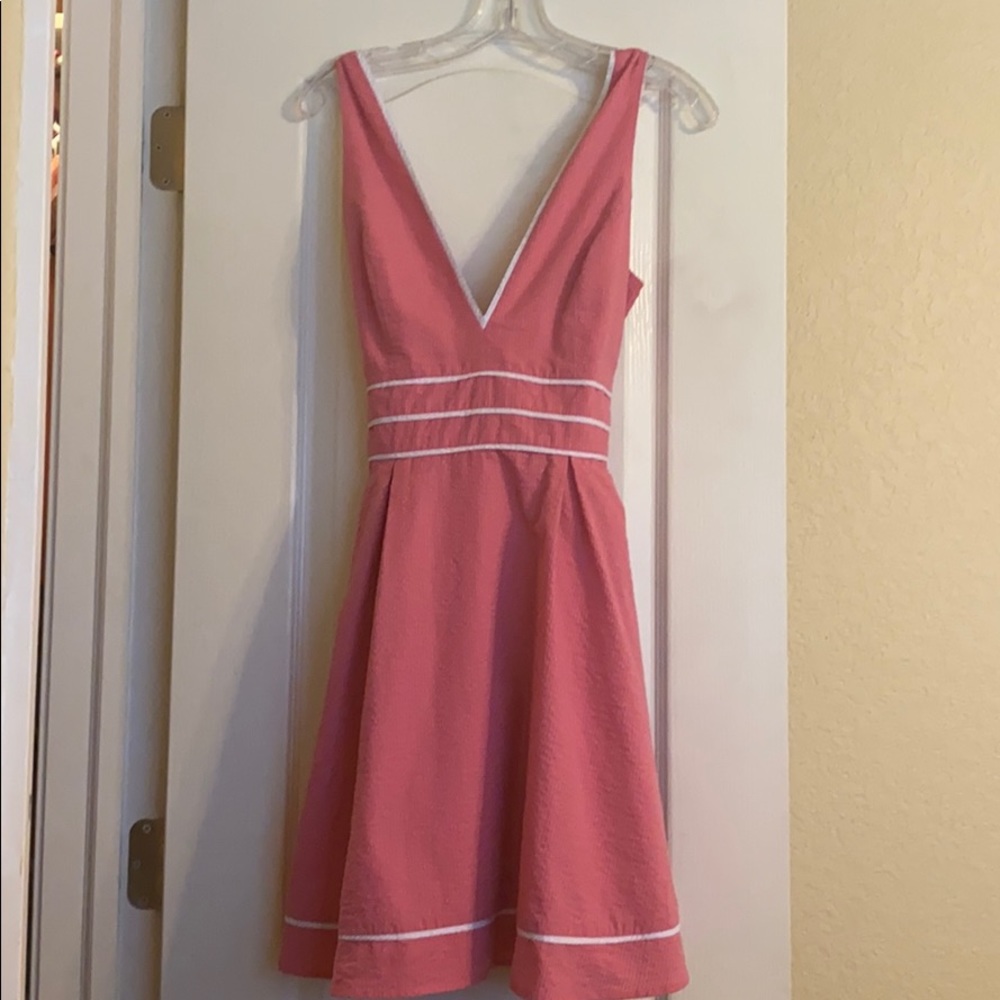 Lauren James deep V pink seersucker dress